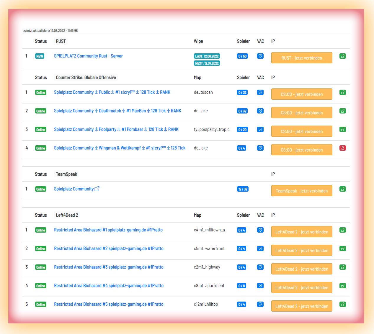 Serverstatus der Spielplatz Community