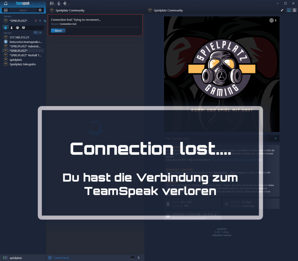 Plötzlich keine Verbindung zu dem Server – Error connection lost