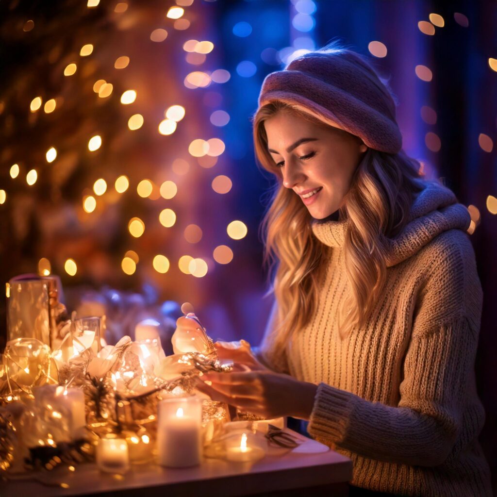 Ein fotorealistisches Bild einer begeisterten Gamerin in winterlicher Umgebung, umgeben von einem festlich geschmückten Hintergrund mit einem Adventskalender. Die Szene strahlt Weihnachtsstimmung und die Magie der zauberhaften Vorweihnachtszeit aus.